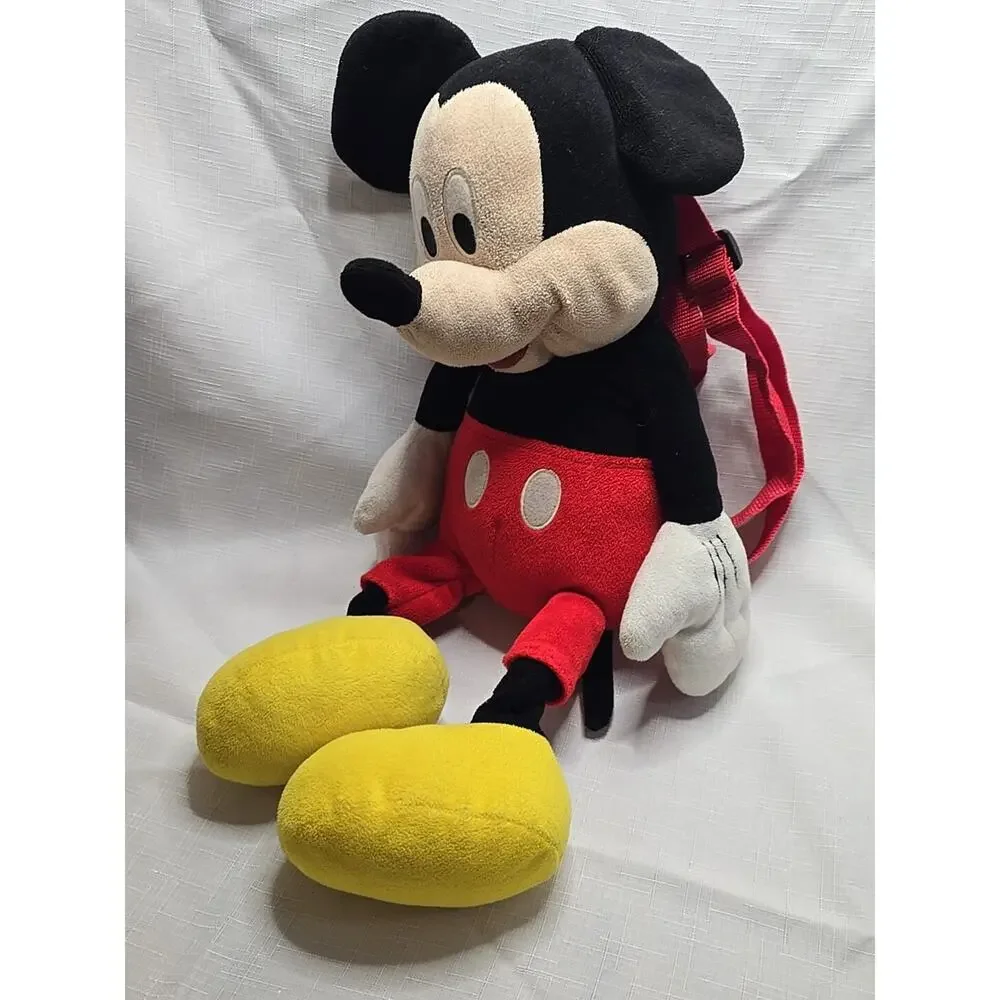 Vintage Walt Disney World Mickey Mouse Plush Zipper Pouch Backpack Red Straps